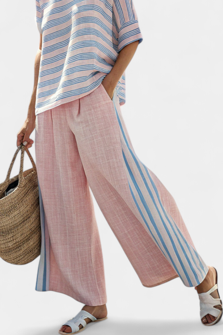 Virella | Elegant Pink-Blue Linen Blouse & Soft Pants